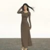Half Button Long Sleeve Ribbed Maxi Dress