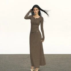 Half Button Long Sleeve Ribbed Maxi Dress