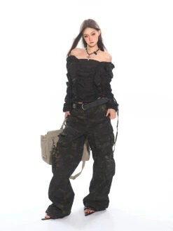 Ruffled Off-Shoulder Crinkle Texture Long Sleeve Top -Modern Wear Shop 1ad9114445098606f544268b6bec19b4