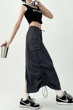 Side Ruched Parachute Cargo Midi Skirt -Modern Wear Shop 1af328cce13468500e5d3e09ed91c854