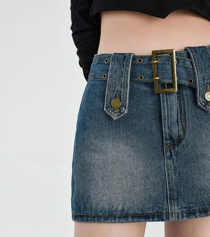 Faded Denim Skort Mini Skirt With Belt 4 Faded Denim Skort Mini Skirt With Belt - Image 4