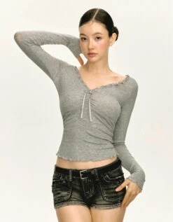 Scalloped Neckline Ribbed Long Sleeve Top -Modern Wear Shop 1be7b7364a5a0dea1355058375403100