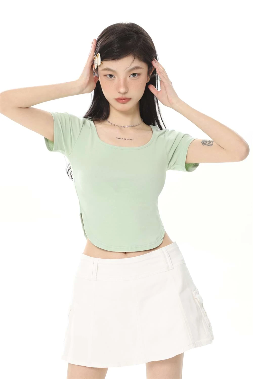 Cropped U-Neck Curve Hem Baby Tee 7 Cropped U-Neck Curve Hem Baby Tee - Image 7