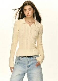 Half-Button Cable Knit Collared Pullover -Modern Wear Shop 1c60bf0247c39152af56e060b67128a8