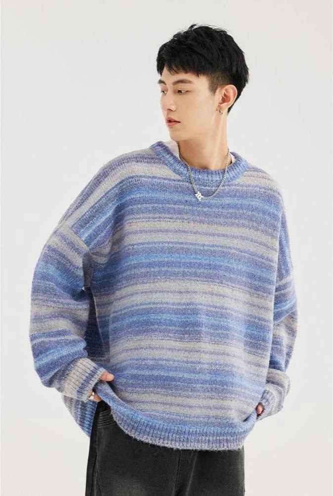 Striped Abstract-Effect Crew Neck Pullover Sweater 9 Striped Abstract-Effect Crew Neck Pullover Sweater - Image 9