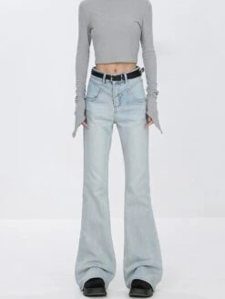 Skinny Flared Denim Jeans With Waist Stitch Detail