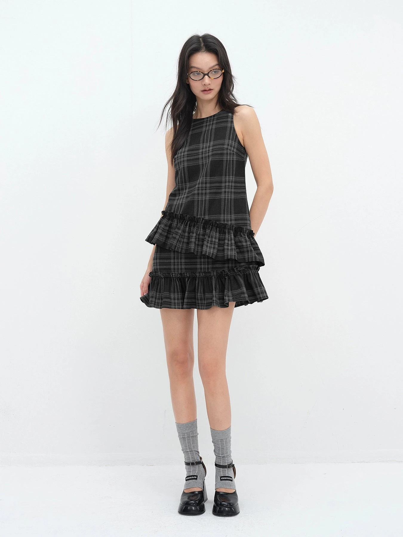Sleeveless Plaid Asymmetric Tiered Ruffle Mini Dress 5 Sleeveless Plaid Asymmetric Tiered Ruffle Mini Dress - Image 5