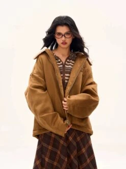 Oversized Contrast Shearling Collar Zip Jacket -Modern Wear Shop 1d06f324de4c37df39b5b69212831eb2