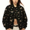 Floral Embroidered Zip Up Oversized Bomber Jacket
