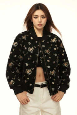 Floral Embroidered Zip Up Oversized Bomber Jacket