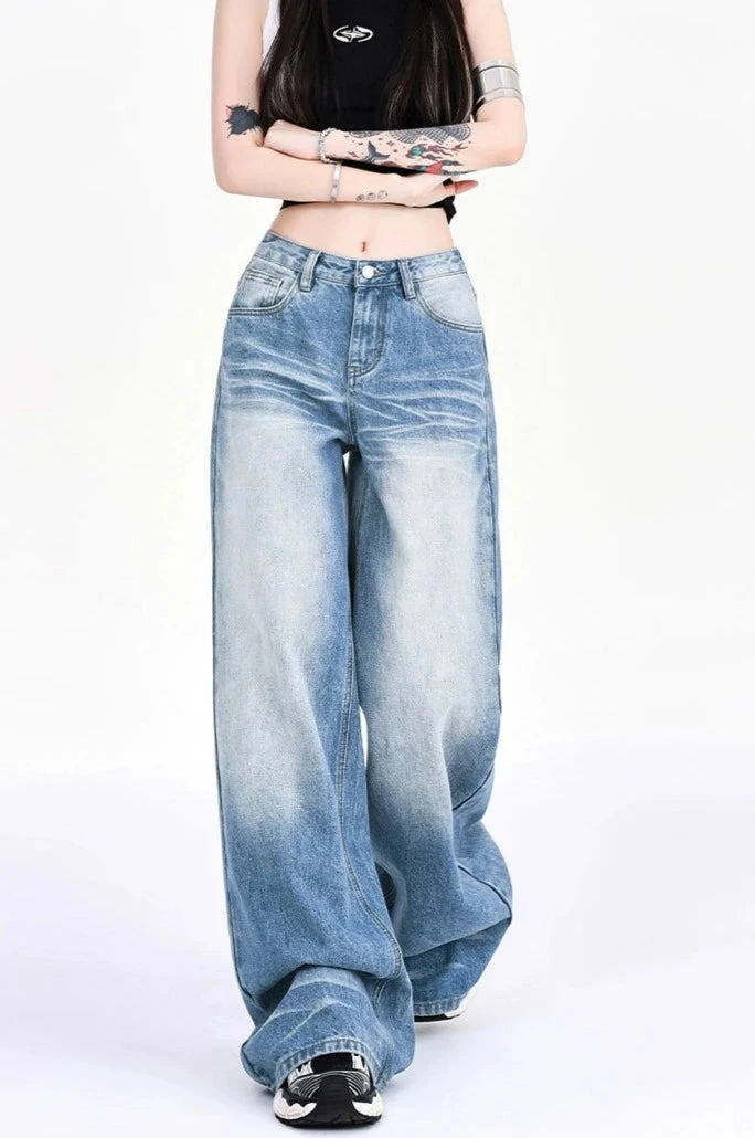 Vintage Faded Washed Wide-Leg Denim Jeans 6 Vintage Faded Washed Wide-Leg Denim Jeans - Image 6