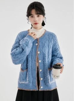 Cable Knit Contrast Trim Oversized Cardigan -Modern Wear Shop 1da4cfb8997f6ce68c18b636c86d3f10