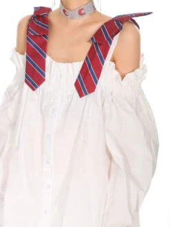 Necktie Strap Ruched Shoulder Stripe Button Top -Modern Wear Shop 1ddca0e555faa7de317d563183c3ef86