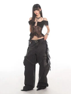 Lace Overlay Off-Shoulder Cropped Top With Hanging Ruffles -Modern Wear Shop 1df3334fbf9a6c59fb60988637194af8