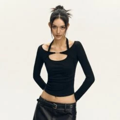 Halter Cutout-Layered Ribbed Long Sleeve Top -Modern Wear Shop 1e13f3dd649658b82f09015b70f9a8ab