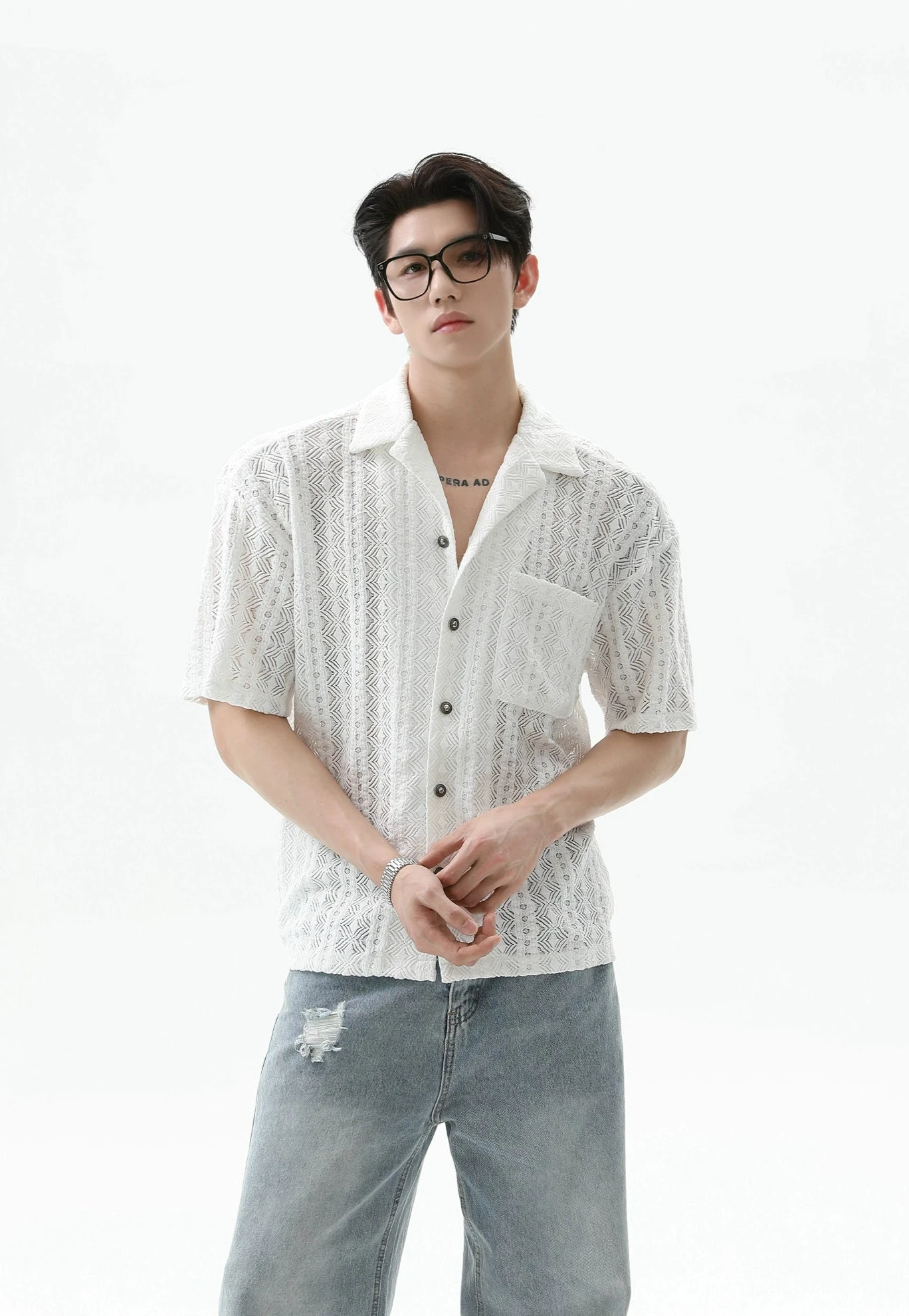 Button-Up Sheer Lace Shirt With Geometric Pattern 2 Button-Up Sheer Lace Shirt With Geometric Pattern - Image 2