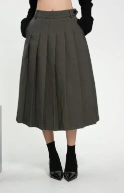 Front Pleated Midi Skirt With Back Slit And Belt Loops