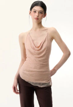 Sheer Lace Low Cowl-Neck Halter Top