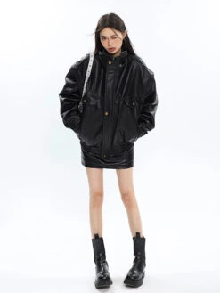 Drop Shoulder Faux Leather Bomber Jacket -Modern Wear Shop 1f998e7d991c88c35f9903086371b005