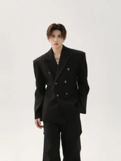 Structured Double-Breasted Blazer With Shoulder Pads And Wide Lapel