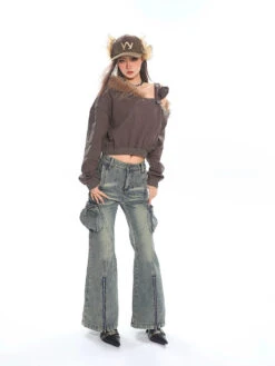 Faux Fur Trim Off-Shoulder Long Sleeve Top With Single Strap -Modern Wear Shop 202805b36317c2341a5b47994bafd6bc