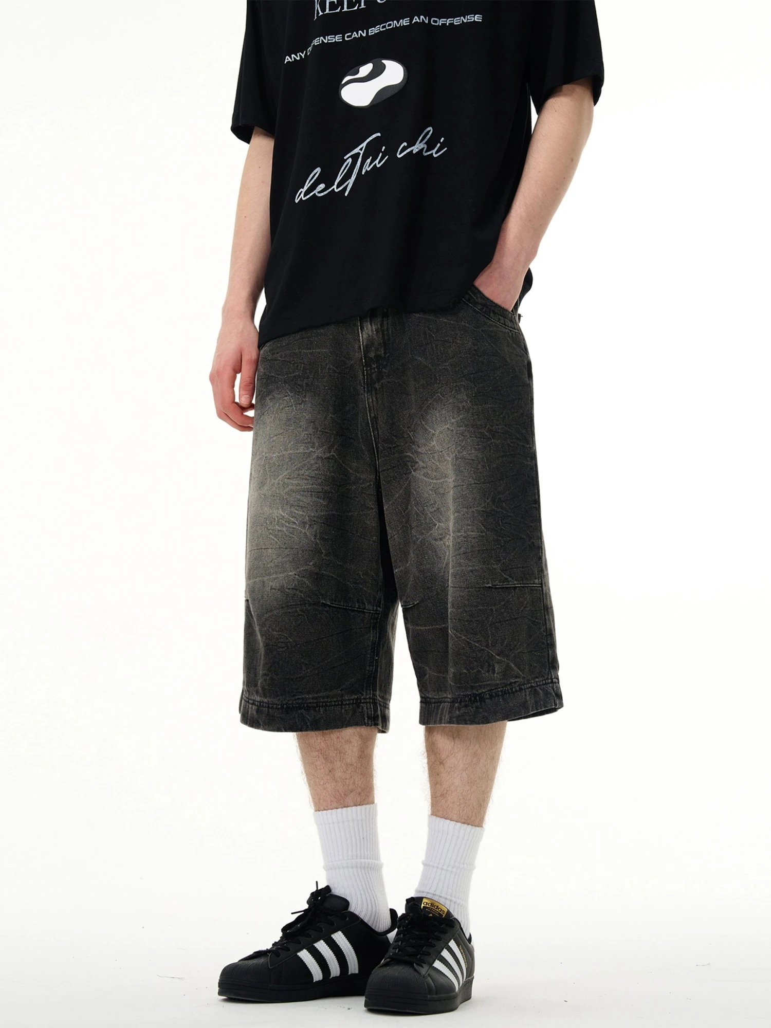 Slim Faded Denim Knee-Length Straight Shorts 1 Slim Faded Denim Knee-Length Straight Shorts