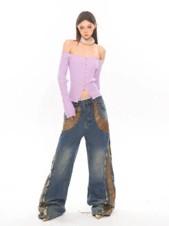 Off-Shoulder Ribbed Crop Top With Pearl Button Detail -Modern Wear Shop 2086f59a9fafa6114389354f55c48db5