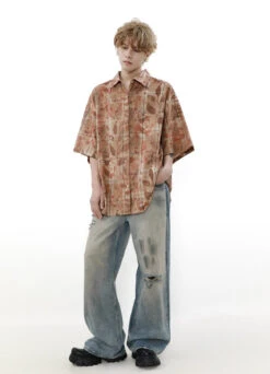 Checkered Leaf Print Oversized Short Sleeve Button Shirt -Modern Wear Shop 20b475d6786ae832b8079fbb14af0e7d