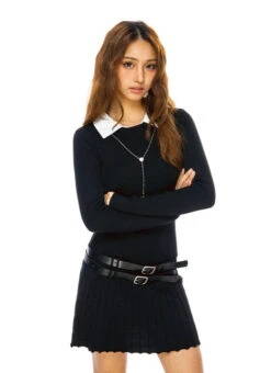 Mock Two Piece Long Sleeve Pleated Mini Dress -Modern Wear Shop 20f14373c9c88e22f8abdf291a1acd90