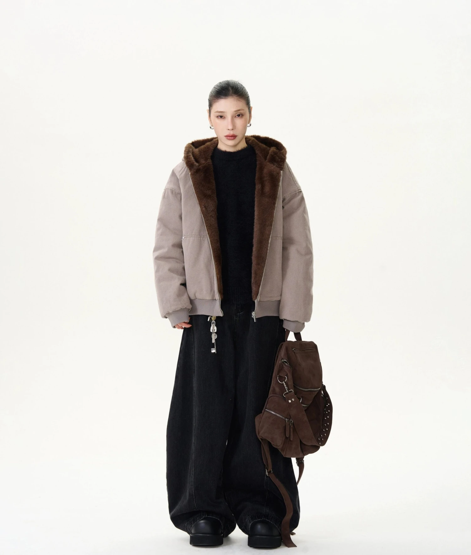 Faux Fur Lined Bomber Jacket With Pockets 5 Faux Fur Lined Bomber Jacket With Pockets - Image 5