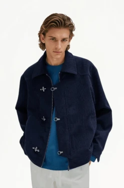 Fireman Clasp-Buckle Corduroy Collared Jacket