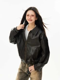 Faux Leather Bomber Jacket With Elastic Cuffs And Hem -Modern Wear Shop 2161fa0ebea47039e53db7afe6dc5a46