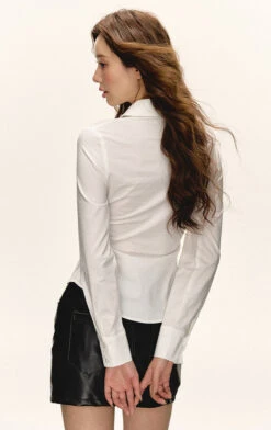 Ruched Button-Up Long Sleeve Collared Shirt -Modern Wear Shop 2162a884464b5b6f10247918543966c0