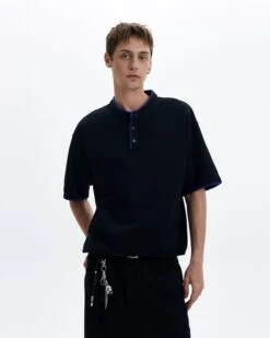 Contrast Stitch Trim Henley Neck Short Sleeve Top -Modern Wear Shop 2163613af60ff83f13f1e8e44ebcf1d7