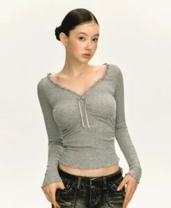 Scalloped Neckline Ribbed Long Sleeve Top -Modern Wear Shop 21e827e95a86f9e655dbd7f4f06ef3f4