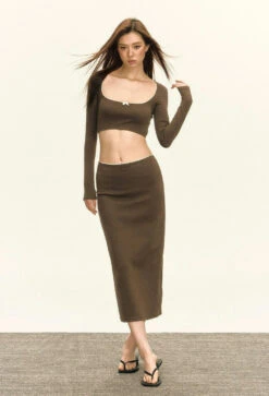 Skinny Bow-Detail Long Sleeve Crop Top And Maxi Skirt Two Piece Set -Modern Wear Shop 21ecf6bf05a34290cf7bca6c71b0607a