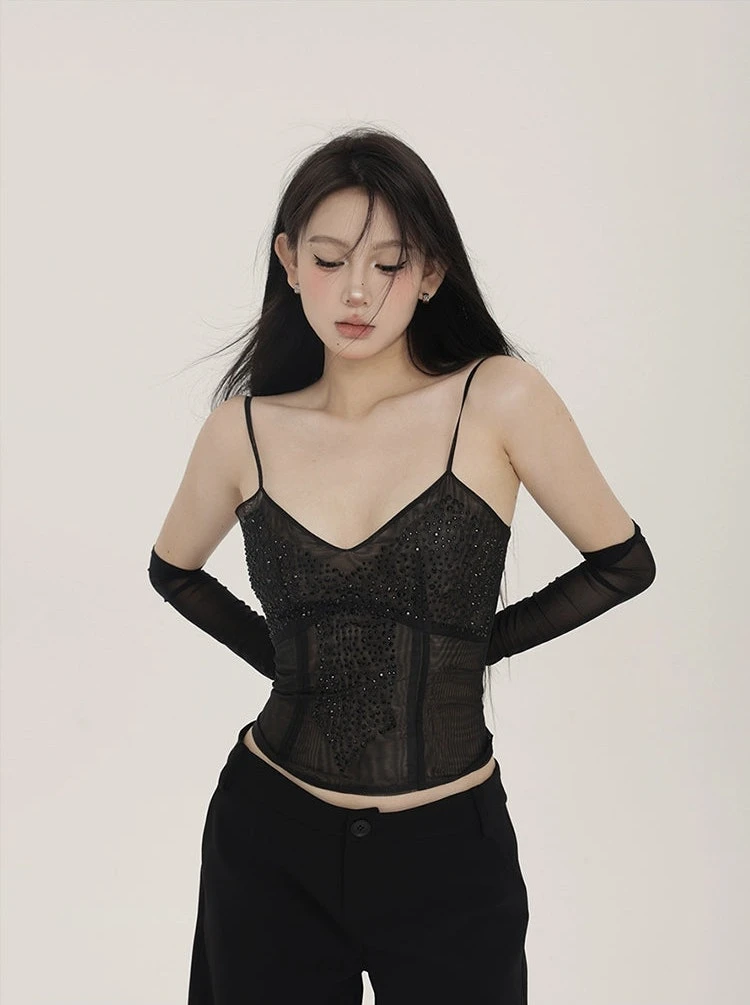 Sheer Sequin Sleeveless Camisole Top With Long Gloves 1 Sheer Sequin Sleeveless Camisole Top With Long Gloves