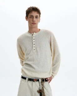 Textured Long Sleeve Sheer Henley Top With Button Detail