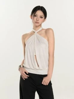 Twist Halter Neck Draped Blouse With Cutout