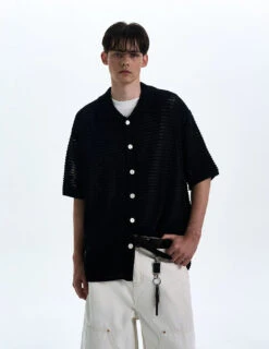 Textured Open Knit Button-Up Short Sleeve Shirt -Modern Wear Shop 22725204fc04a3cd096a488e143b42e2