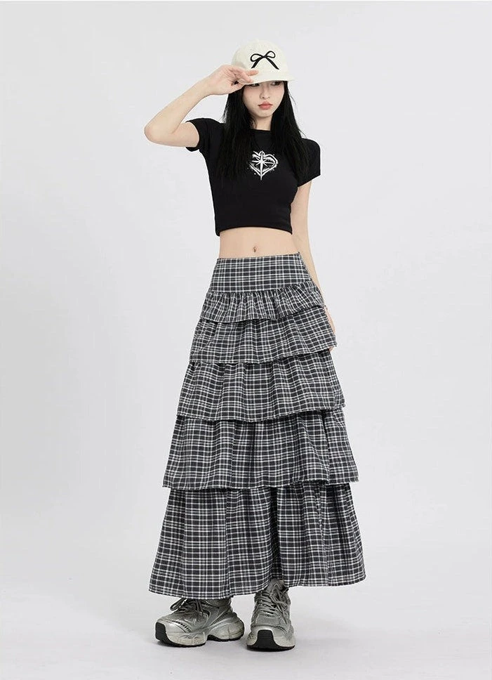 Layered Plaid Maxi Skirt With Ruffle Detail 7 Layered Plaid Maxi Skirt With Ruffle Detail - Image 7