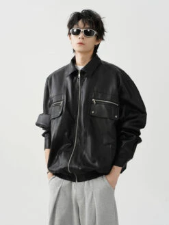 Oversized Leather Collared Bomber Jacket With Zip Pockets -Modern Wear Shop 22e678e0a6b24d9713a8d910d54c4292