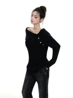 Off-Shoulder Buttoned Knit Sweater Top -Modern Wear Shop 22e95d1ba1266c509cc7f2277c593e4f