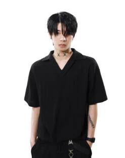 Textured Knit V-Neck Polo Collar Short Sleeve Top -Modern Wear Shop 2303d49021201254fd2d79f059e16f08