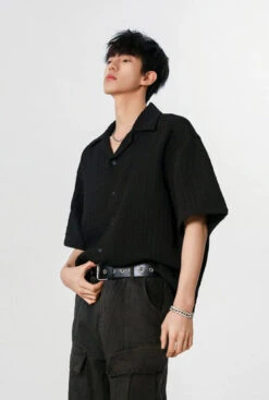 Textured Button-Up Shirt With Camp Collar -Modern Wear Shop 23618cf4dcdde785e944344a00963a4f