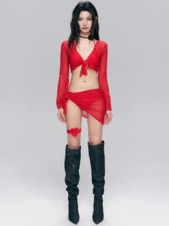 Sheer Sleeve Tie-Front Bikini With Sarong Set -Modern Wear Shop 238917c68029493194553d8881ad12de