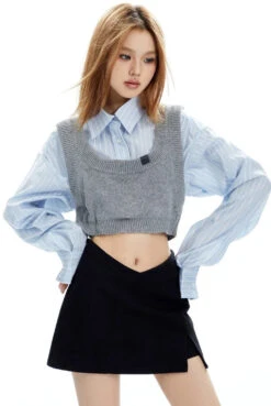 Mock Two-Piece Stripe Button Cropped Shirt-Top -Modern Wear Shop 239212637822b2b5e678d11fa3e0cec7