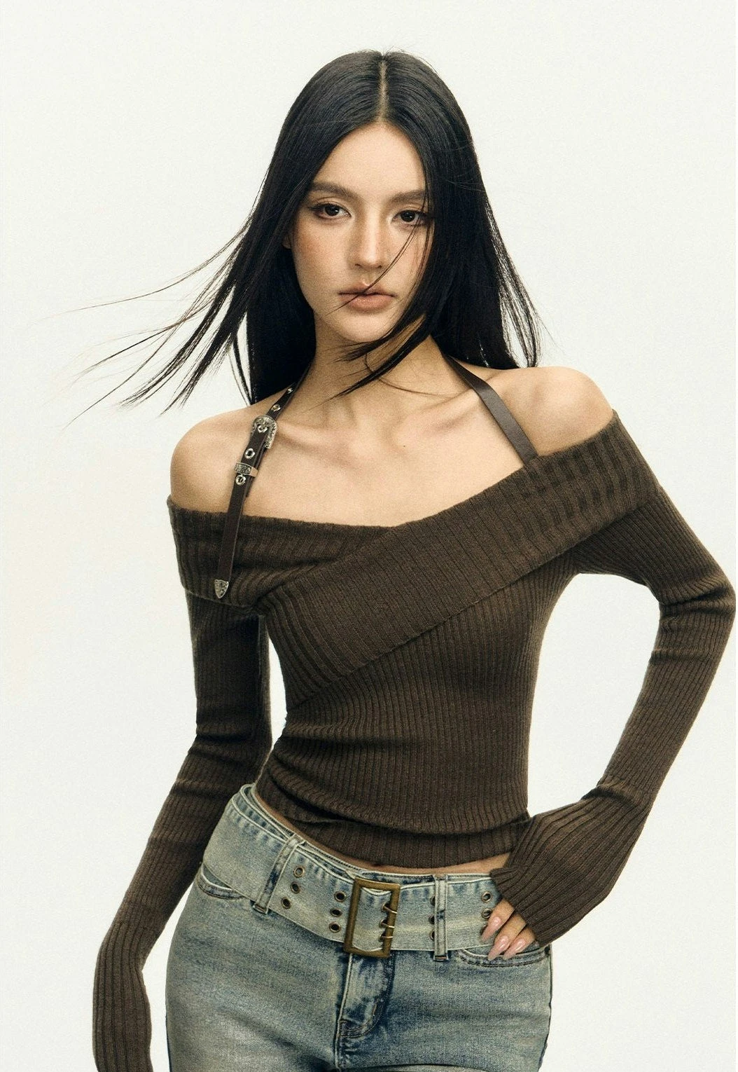 Halter Neck Ribbed Knit Long Sleeve Top 4 Halter Neck Ribbed Knit Long Sleeve Top - Image 4