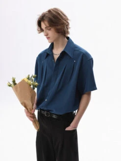 Structured Short-Sleeve Shirt With Pleated Front And Concealed Placket -Modern Wear Shop 23bcc2626a681ee6cc24d00f30407cb5