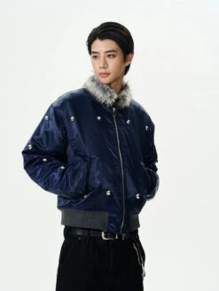 Faux Fur-Collar Bomber Jacket With Studs Detail 11 Faux Fur-Collar Bomber Jacket With Studs Detail -Modern Wear Shop 23d67a5c10c1840464d4ab5f87b64d53